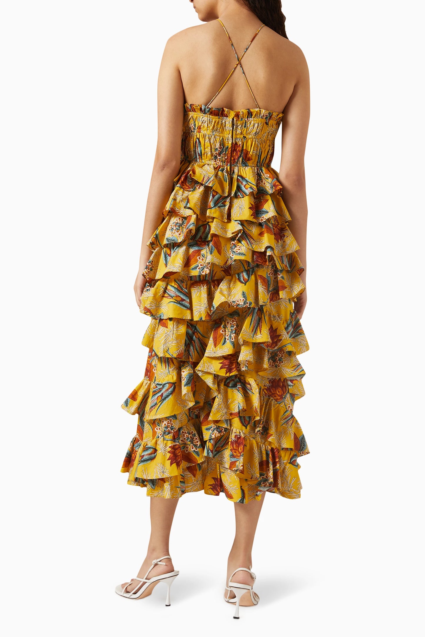 Botanical Print Ruffle Sleeveless Midi Dress