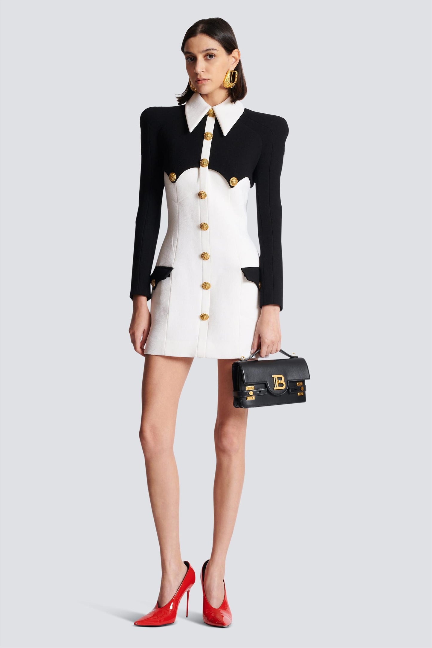 Contrast Color Metal Button Long Sleeve Mini Dress