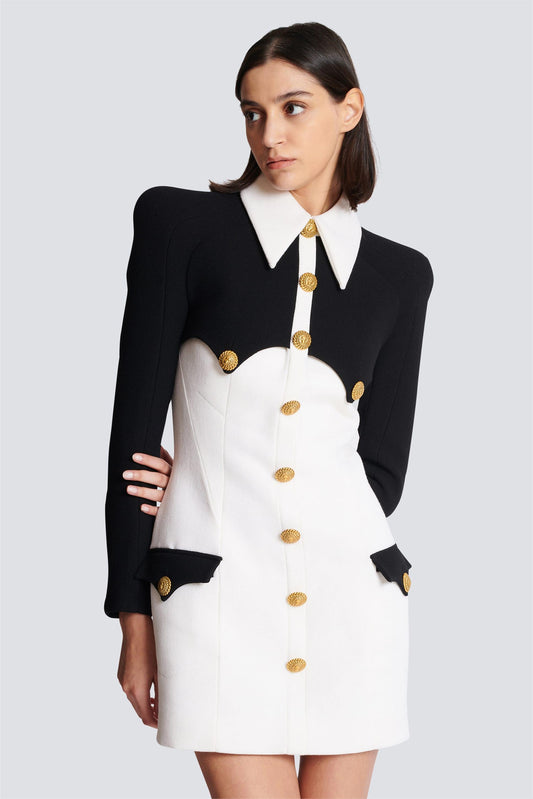 Contrast Color Metal Button Long Sleeve Mini Dress