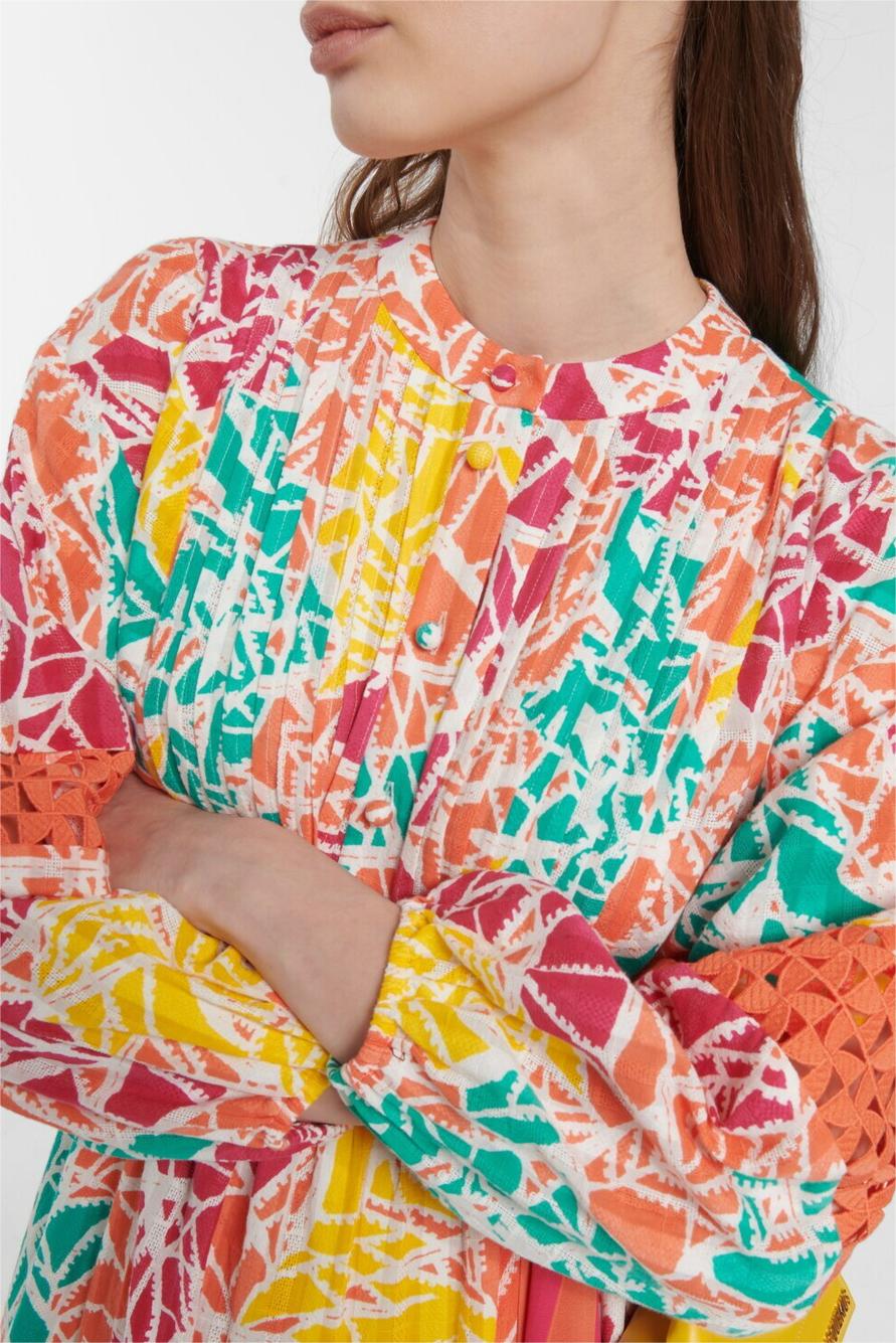 Abstract Print Lace Pleated Midi Dress With Belt