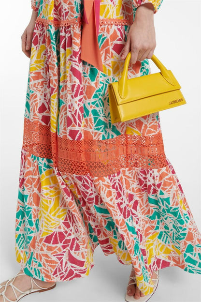 Abstract Print Lace Pleated Midi Dress With Belt