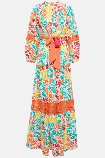 Abstract Print Lace Pleated Midi Dress With Belt