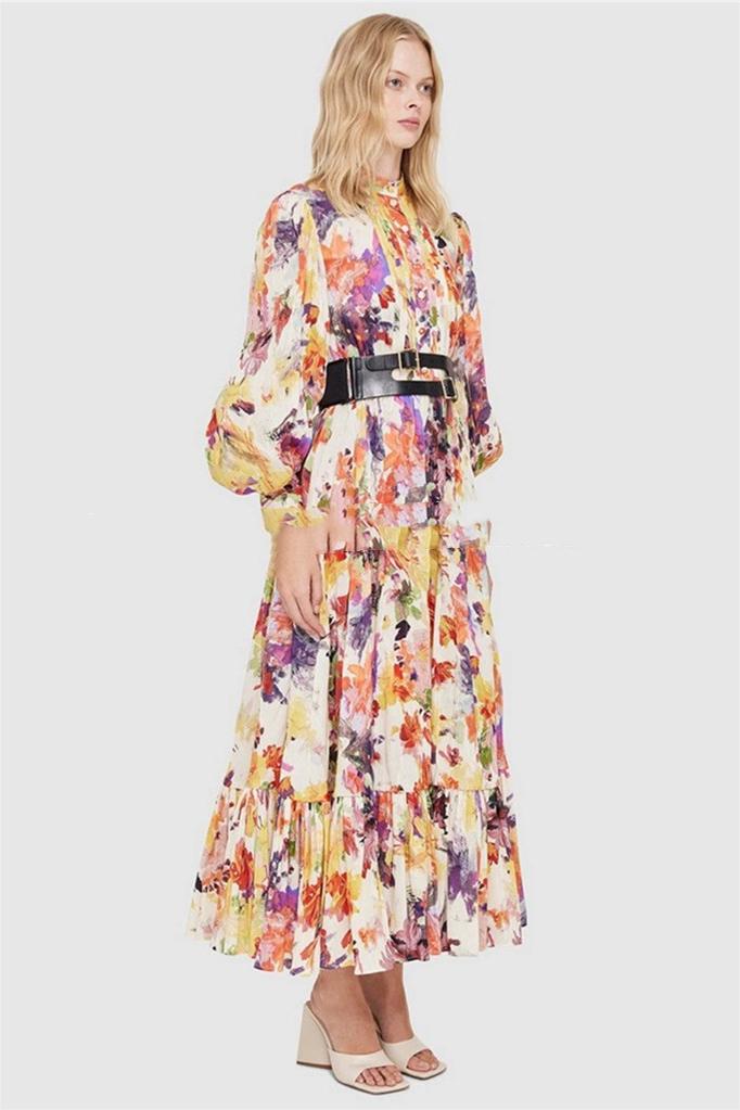 Abstract Print Lantern Sleeve Midi Dress With Belt