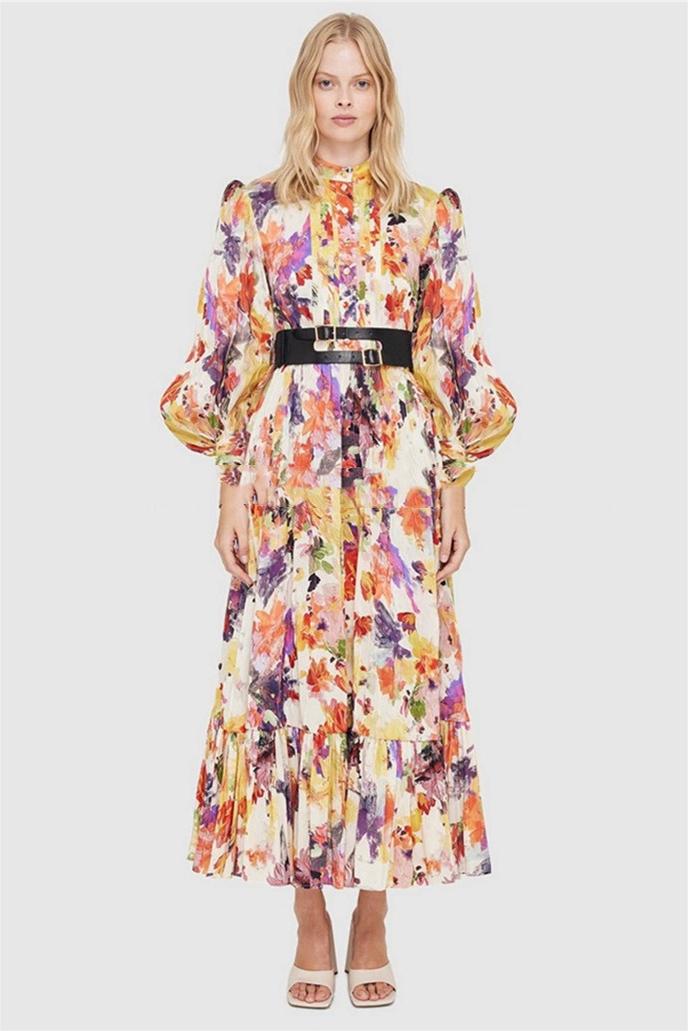 Abstract Print Lantern Sleeve Midi Dress With Belt