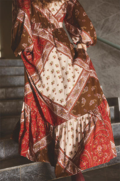 Botanical Print Lantern Sleeve Midi Dress