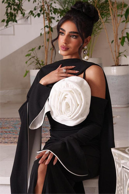 3D Flower Contrast Color Midi Dress With Cape