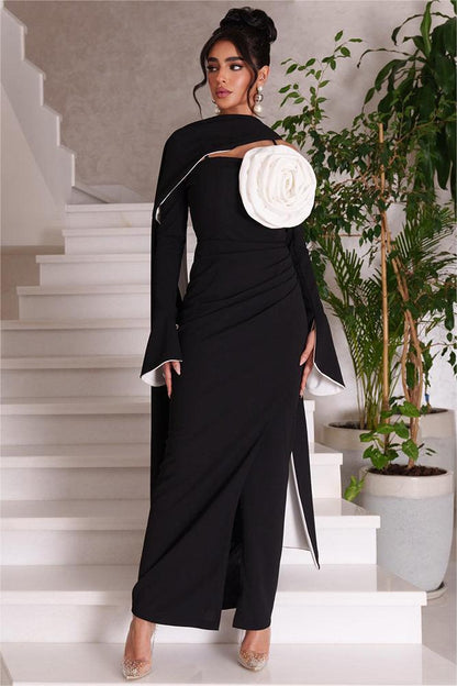 3D Flower Contrast Color Midi Dress With Cape