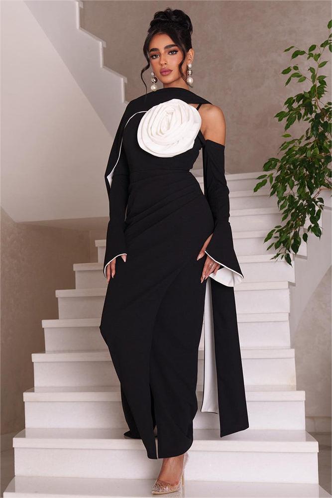 3D Flower Contrast Color Midi Dress With Cape