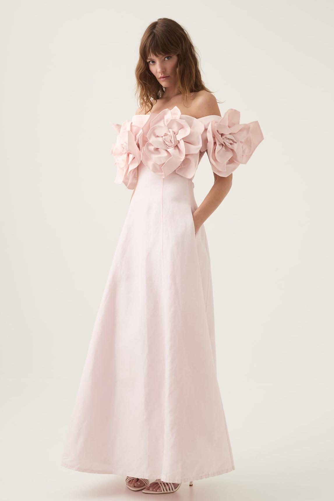 3D Flower Solid Off-Shoulder Midi Dress