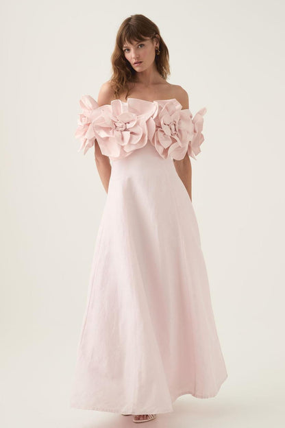 3D Flower Solid Off-Shoulder Midi Dress