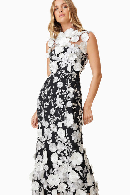 3D Flower Round Neck Sleeveless Midi Dress