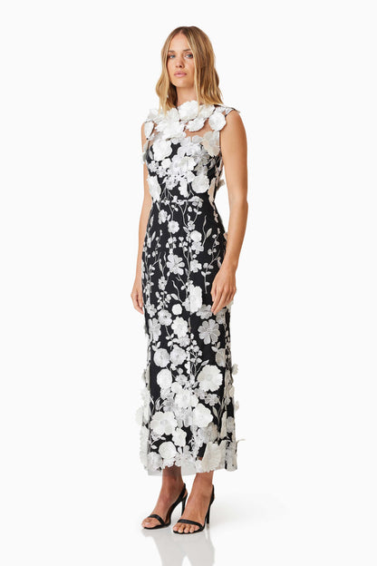 3D Flower Round Neck Sleeveless Midi Dress