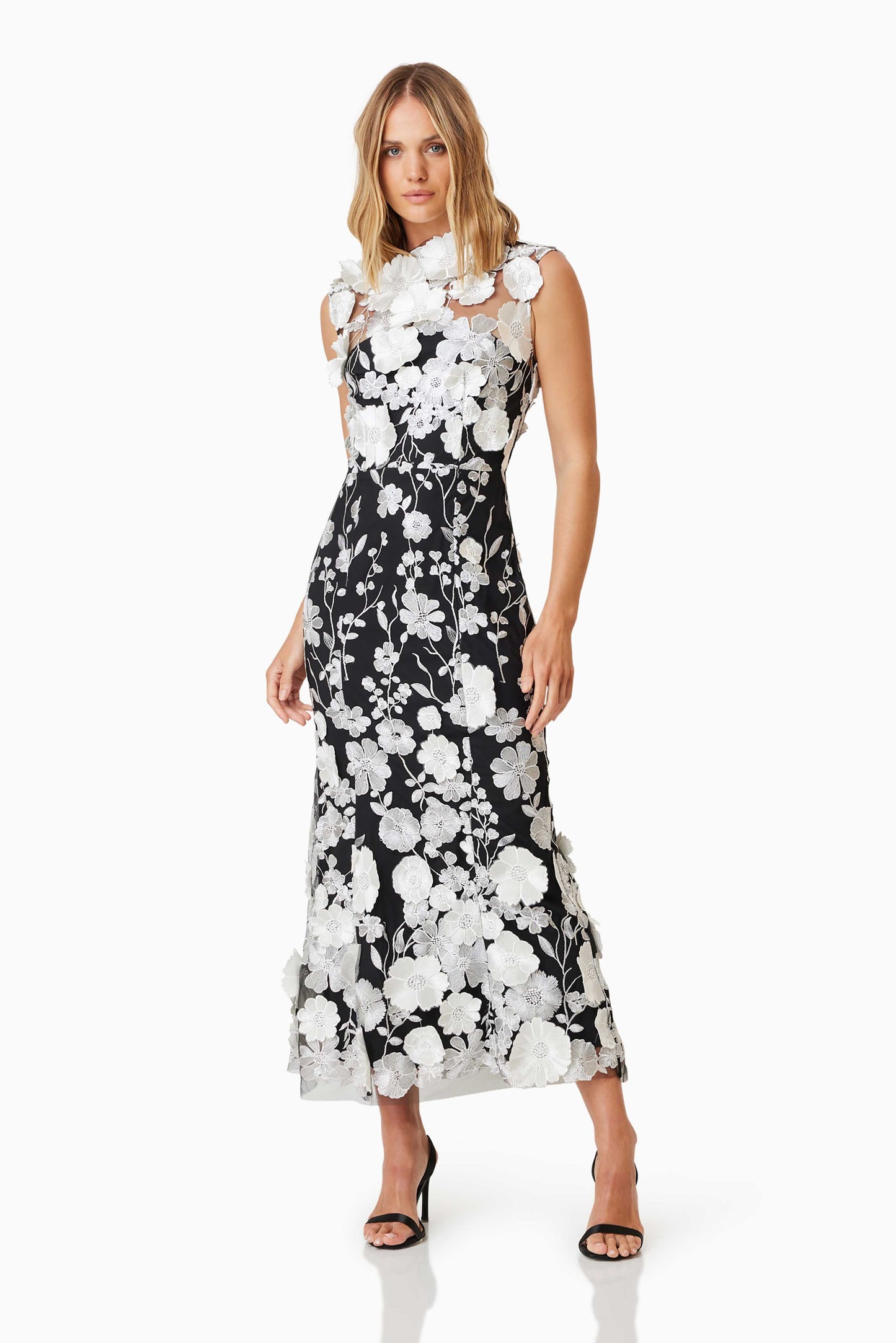 3D Flower Round Neck Sleeveless Midi Dress