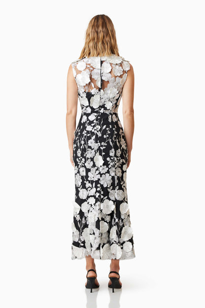 3D Flower Round Neck Sleeveless Midi Dress
