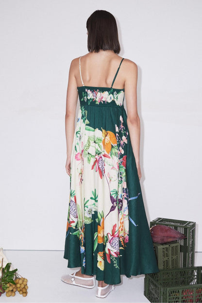 Botanical Print Smocking Slip Midi Dress