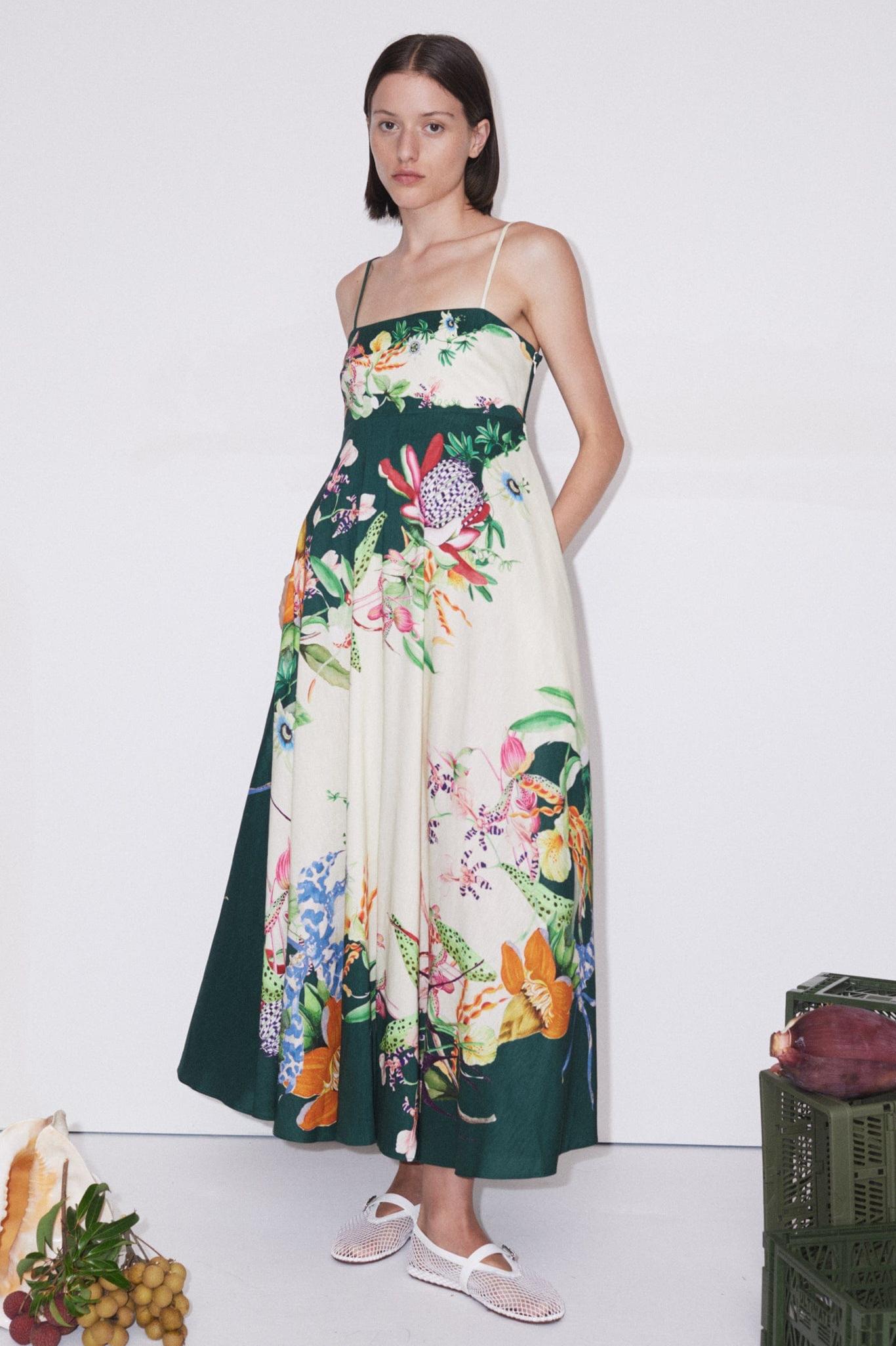 Botanical Print Smocking Slip Midi Dress