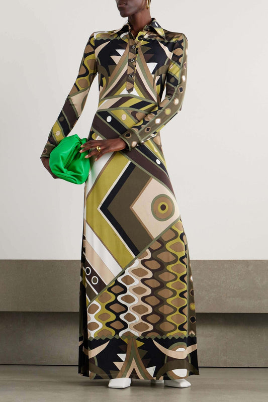 Abstract Print Shirt Collar Long Sleeve Maxi Dress
