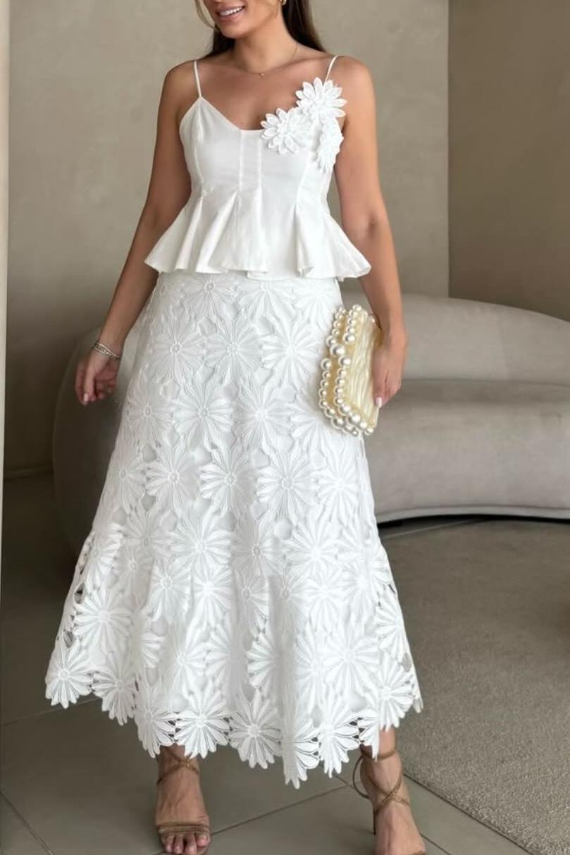 3D Floral Top ＆ High Waist Embroidered Skirt Set