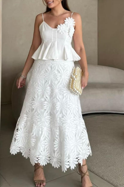 3D Floral Top ＆ High Waist Embroidered Skirt Set