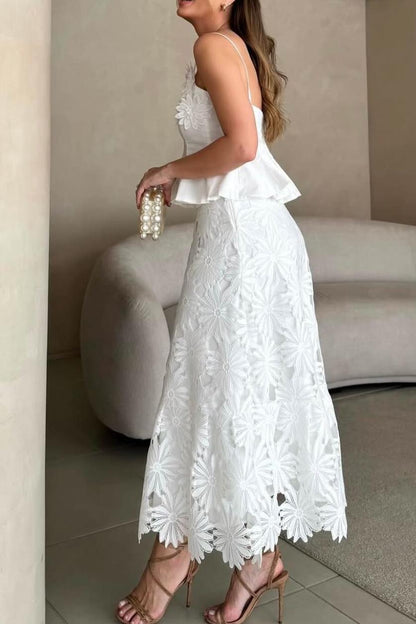 3D Floral Top ＆ High Waist Embroidered Skirt Set