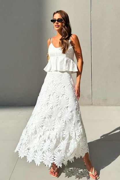 3D Floral Top ＆ High Waist Embroidered Skirt Set