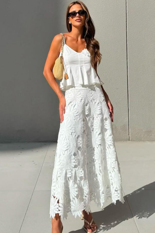 3D Floral Top ＆ High Waist Embroidered Skirt Set