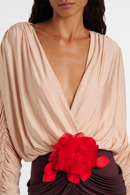 Vestido midi con escote en V y fruncido de flores 3D 