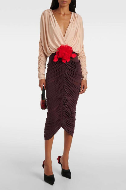 Vestido midi con escote en V y fruncido de flores 3D 