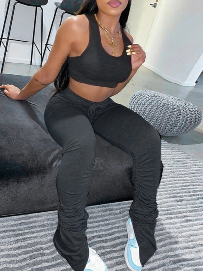 Basic Crop Top Drawstring Ruched Pants Set Women Sport Gym Two Pieces Sleeveless U Neck Stretchy Crop Top