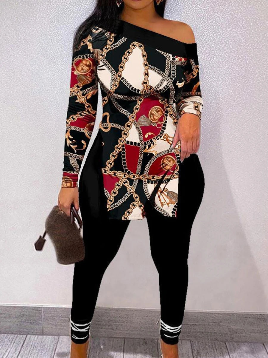 Conjunto de dos piezas de pantalón informal con estampado de cadena y abertura lateral para mujer, talla grande, 2025, cuello barco, manga larga, a juego