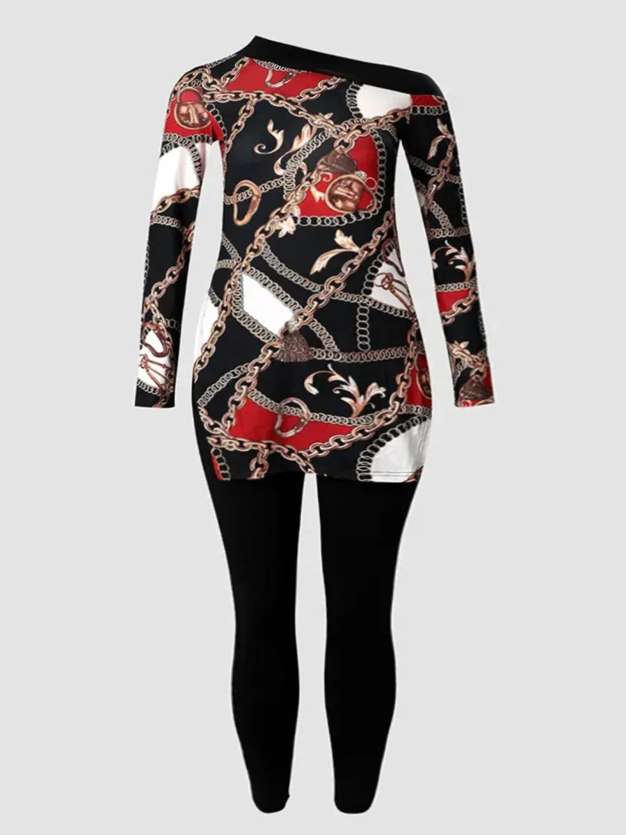 Conjunto de dos piezas de pantalón informal con estampado de cadena y abertura lateral para mujer, talla grande, 2025, cuello barco, manga larga, a juego