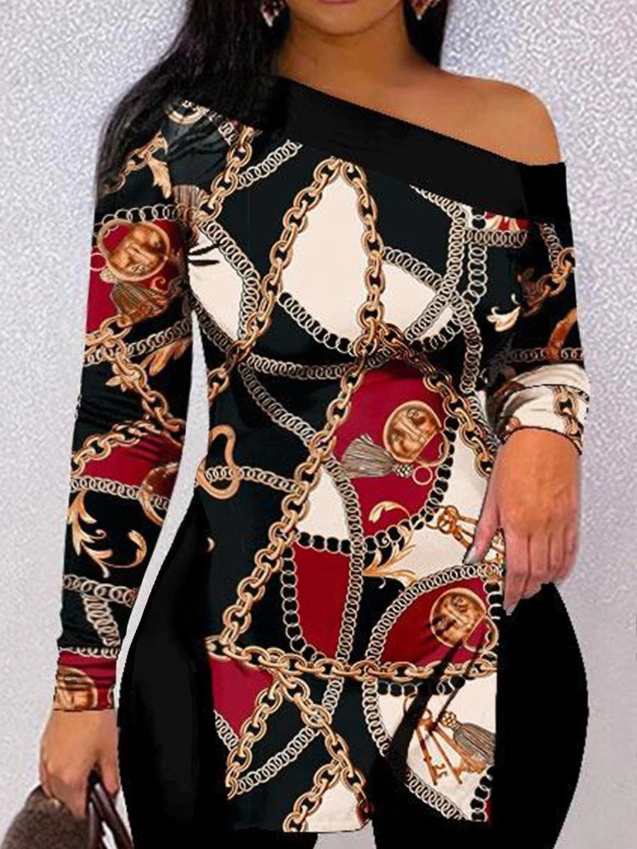 Conjunto de dos piezas de pantalón informal con estampado de cadena y abertura lateral para mujer, talla grande, 2025, cuello barco, manga larga, a juego