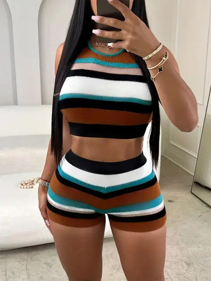 Crop Top Striped Shorts Set Patchwork Crop Tank Tops and Shorts Womens Outfits Summer 2025 Casual Holiday Beachwear