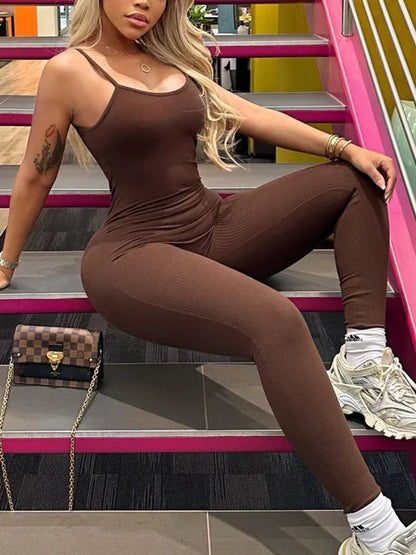 Mono ajustado con tirantes finos, escote en U, sin mangas, liso, ajustado, moldeador, elástico, sencillo, mono largo para mujer.