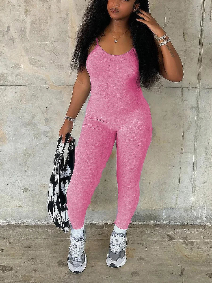 Mono ajustado con tirantes finos, escote en U, sin mangas, liso, ajustado, moldeador, elástico, sencillo, mono largo para mujer.