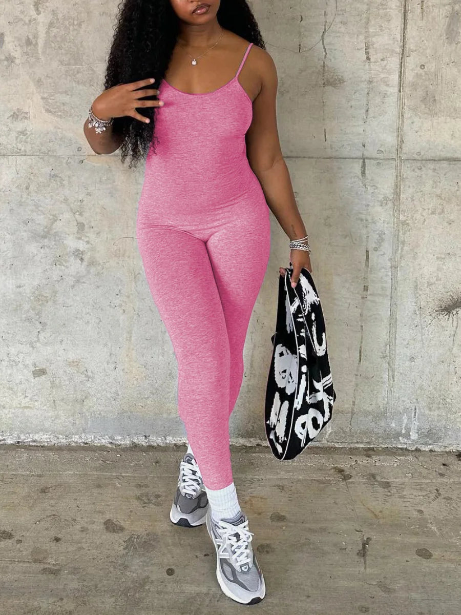 Mono ajustado con tirantes finos, escote en U, sin mangas, liso, ajustado, moldeador, elástico, sencillo, mono largo para mujer.