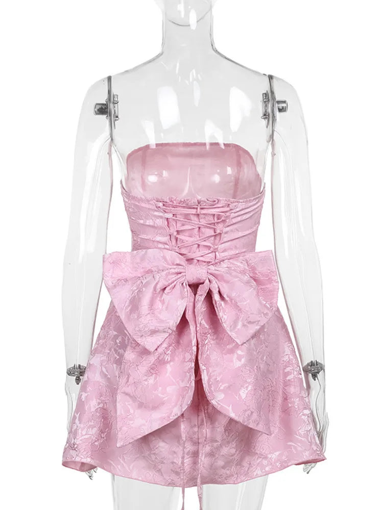 Backless Bow Sexy Mini Dress For Women Fashion Off-shoulder Strapless Sleeveless Bodycon Club Party Dress Elegant