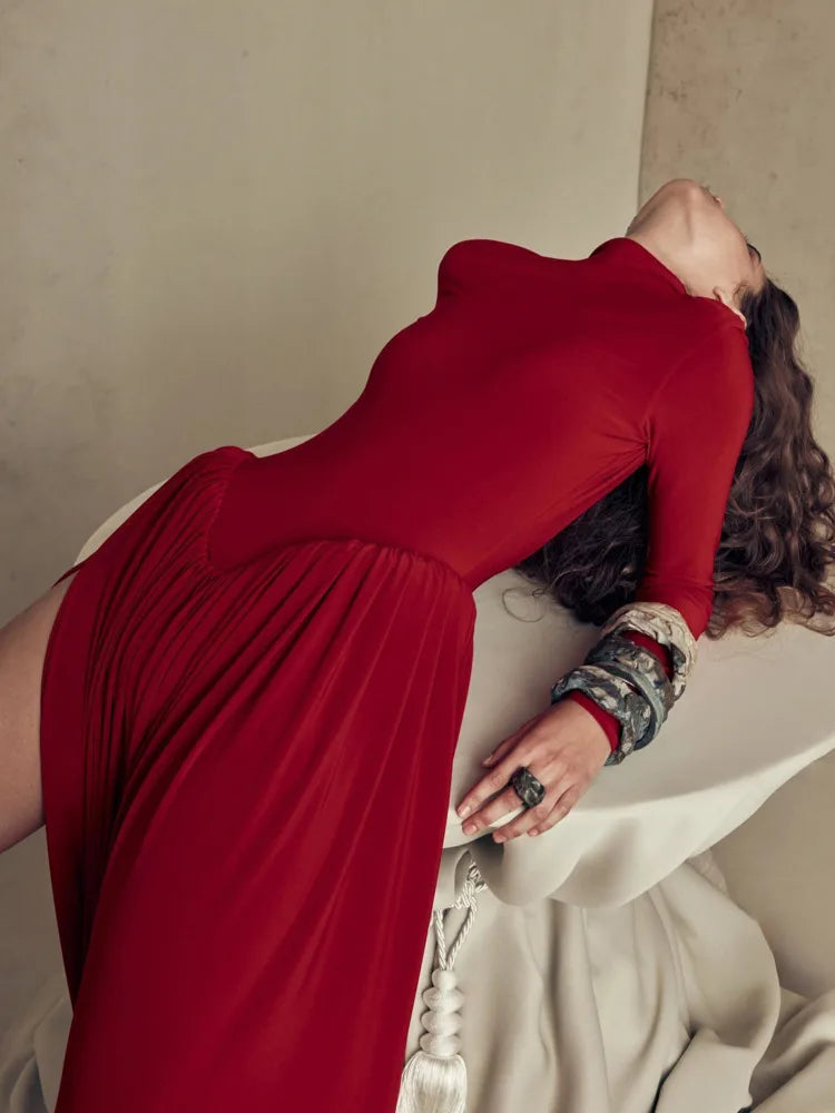 Backless O-neck Pleated Thigh Slit Long Sleeveless Autumn Winter Red Sexy Maxi Dress For Women High Waist Slim Dress