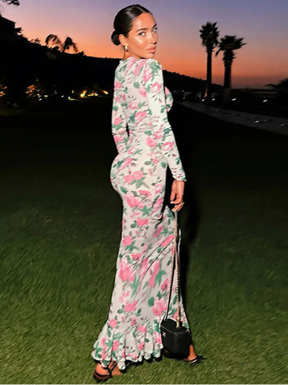 Bodycon Long Sleeve Half High Collar Print Zipper Elegant Maxi Dress Women Slim High Waist Sexy Dress Ladies Outfits