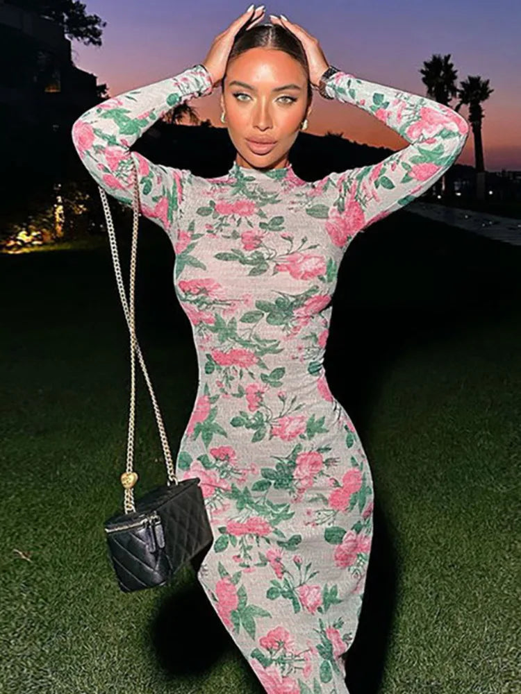 Bodycon Long Sleeve Half High Collar Print Zipper Elegant Maxi Dress Women Slim High Waist Sexy Dress Ladies Outfits