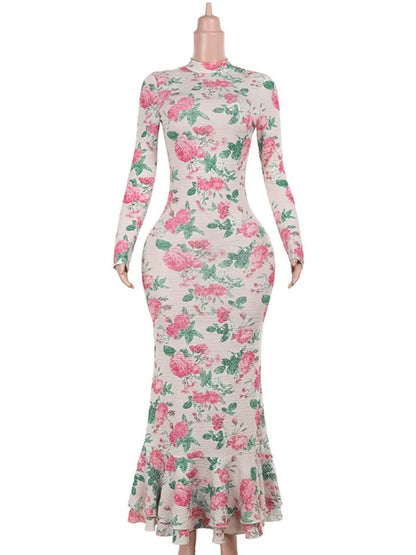 Bodycon Long Sleeve Half High Collar Print Zipper Elegant Maxi Dress Women Slim High Waist Sexy Dress Ladies Outfits