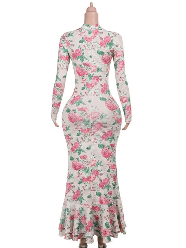 Bodycon Long Sleeve Half High Collar Print Zipper Elegant Maxi Dress Women Slim High Waist Sexy Dress Ladies Outfits