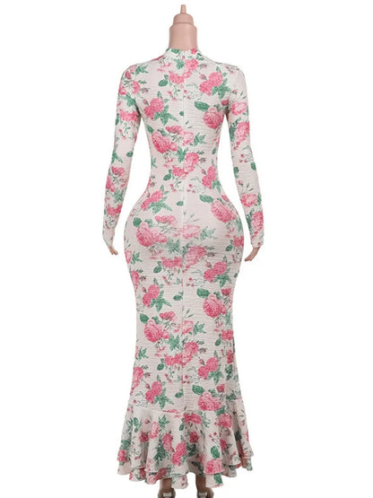 Bodycon Long Sleeve Half High Collar Print Zipper Elegant Maxi Dress Women Slim High Waist Sexy Dress Ladies Outfits