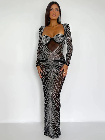 Glitter Mesh See Through Party Maxi Dress For Women Fashion Full Sleeve Bodycon Sexy Club Long Evening Dress Vestido