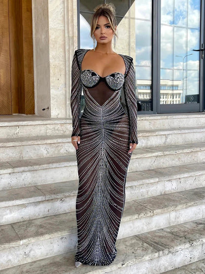 Glitter Mesh See Through Party Maxi Dress For Women Fashion Full Sleeve Bodycon Sexy Club Long Evening Dress Vestido