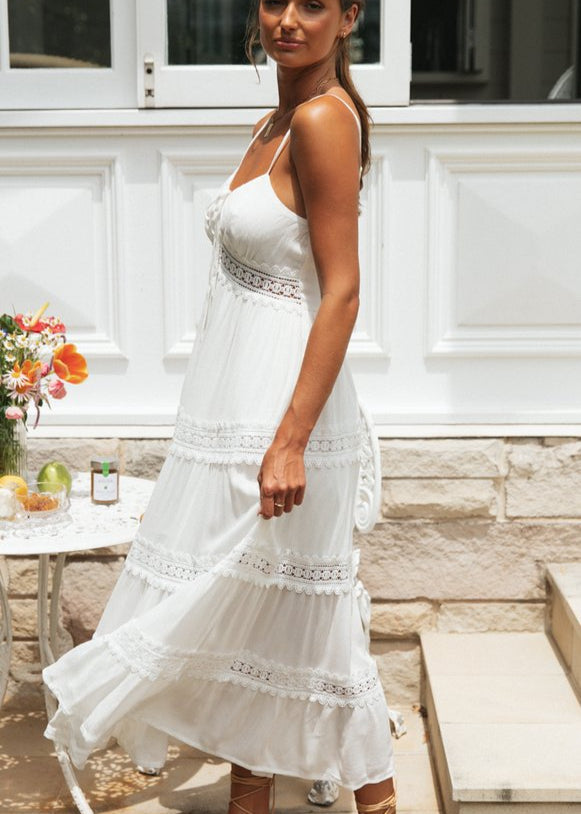 Aurelia Lace-Trim Maxi Dress – White Smocked Sundress with Adjustable Straps