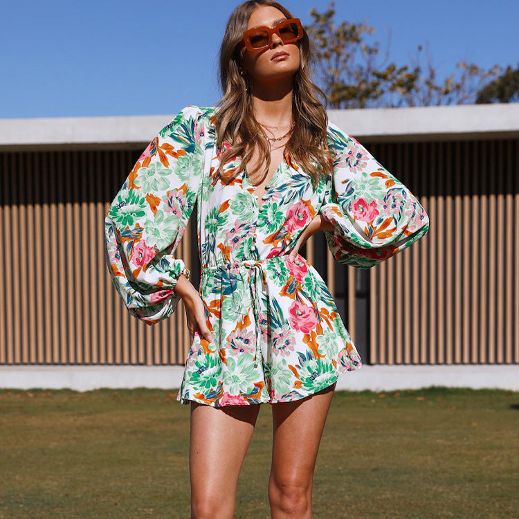 Women Clothing Autumn Deep V Plunge Plunge Lace Printing Lantern Sleeve Romper