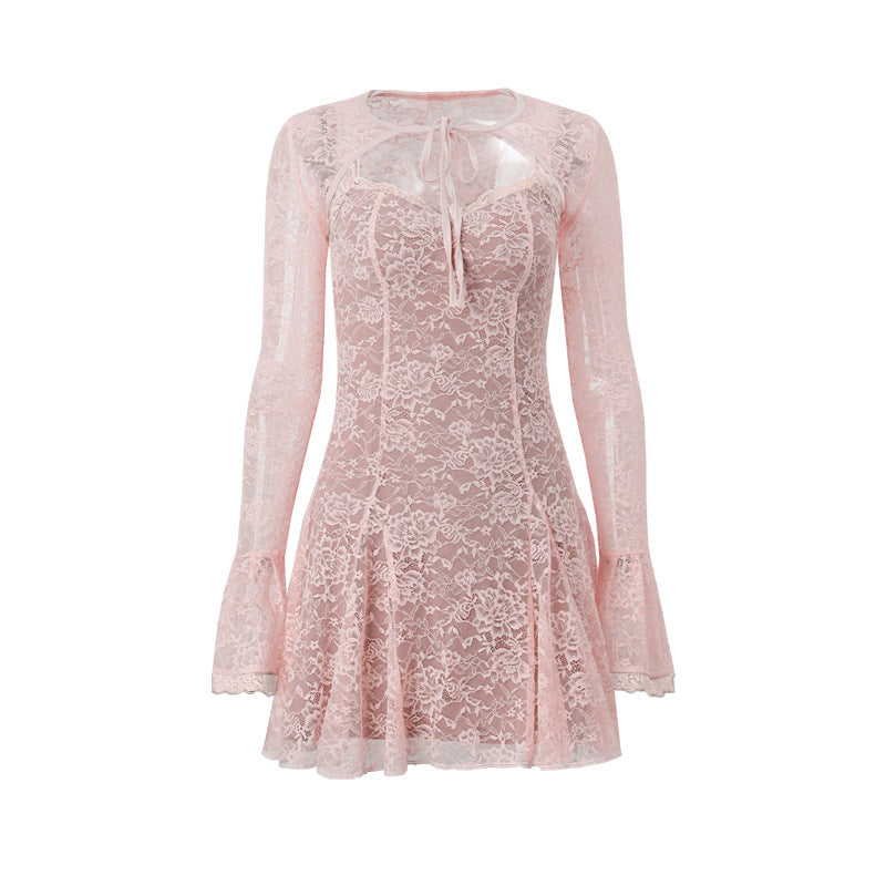 Autumn Sexy Lace Pink Waistcoat Bell Sleeve Slip Two Piece Set Women