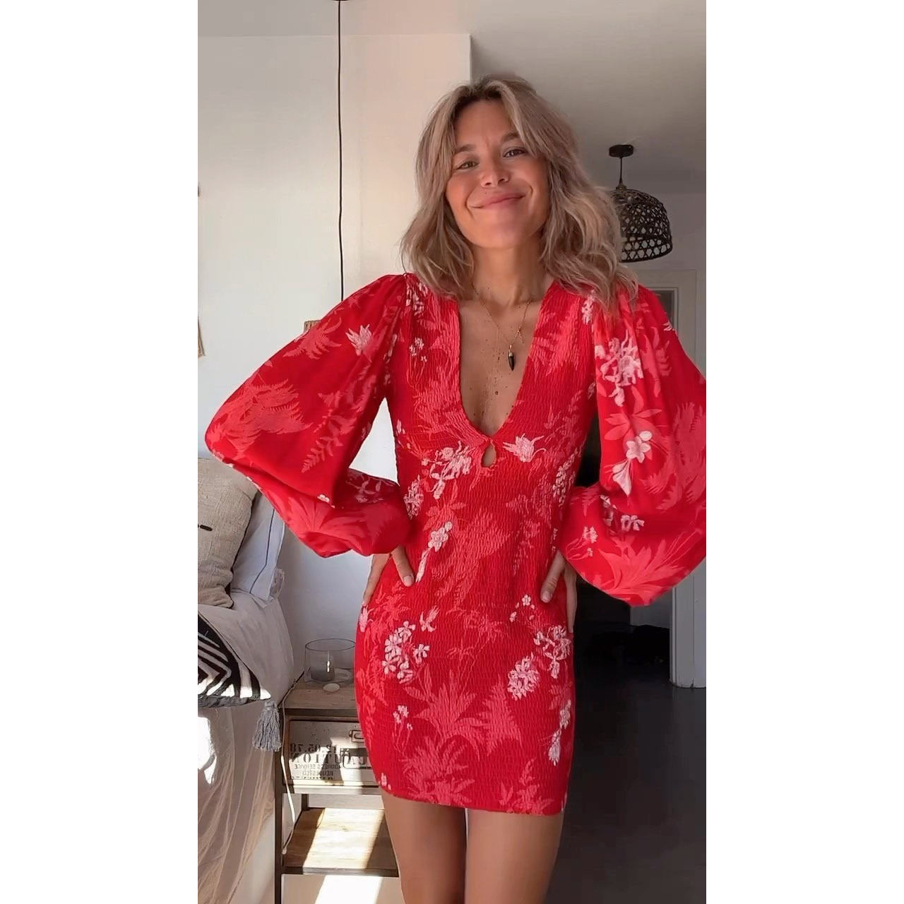 Spring Summer Pleated Long Sleeve Sexy V neck Dress Casual Loose Vacation Hip Dress