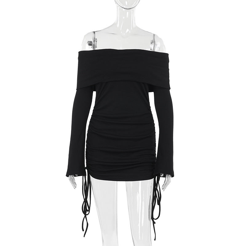 Autumn Socialite Elegant Sexy Slim off Shoulder Drawstring Bag Hip Dress Women